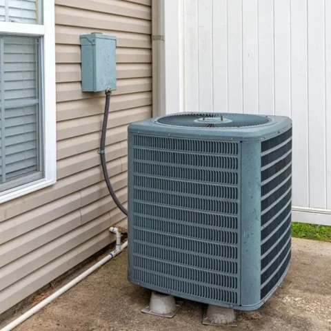 A blue painted air conditioning unit wired into the side of a residential home.